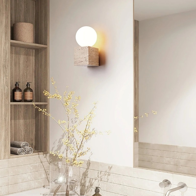 Natural Cube Travertine Wall Lamp - Warm Light for Modern Interiors S323