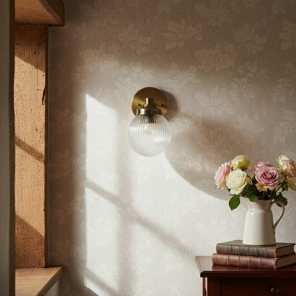 Glorica Glass Aged Brass Wall Sconce - Ribbed Glass Shade Industrial Style Lighting T410