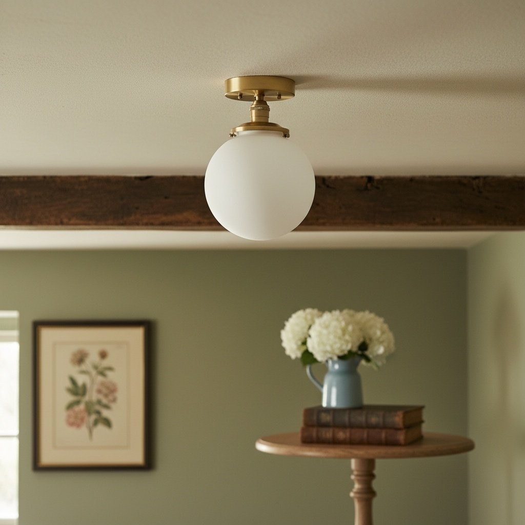 Glorica Glass Mid Century Semi Flush Ceiling Light - Whte Opal Gliass Globe Fixture T368