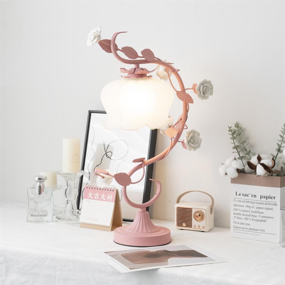Green Pink White Rose Flower Table Lamp M107