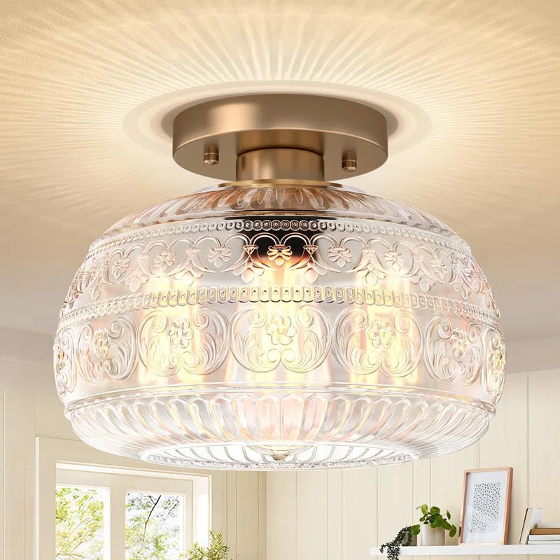 Flora Engraved Pattern Glass Semi Flush Mount Ceiling Light G25