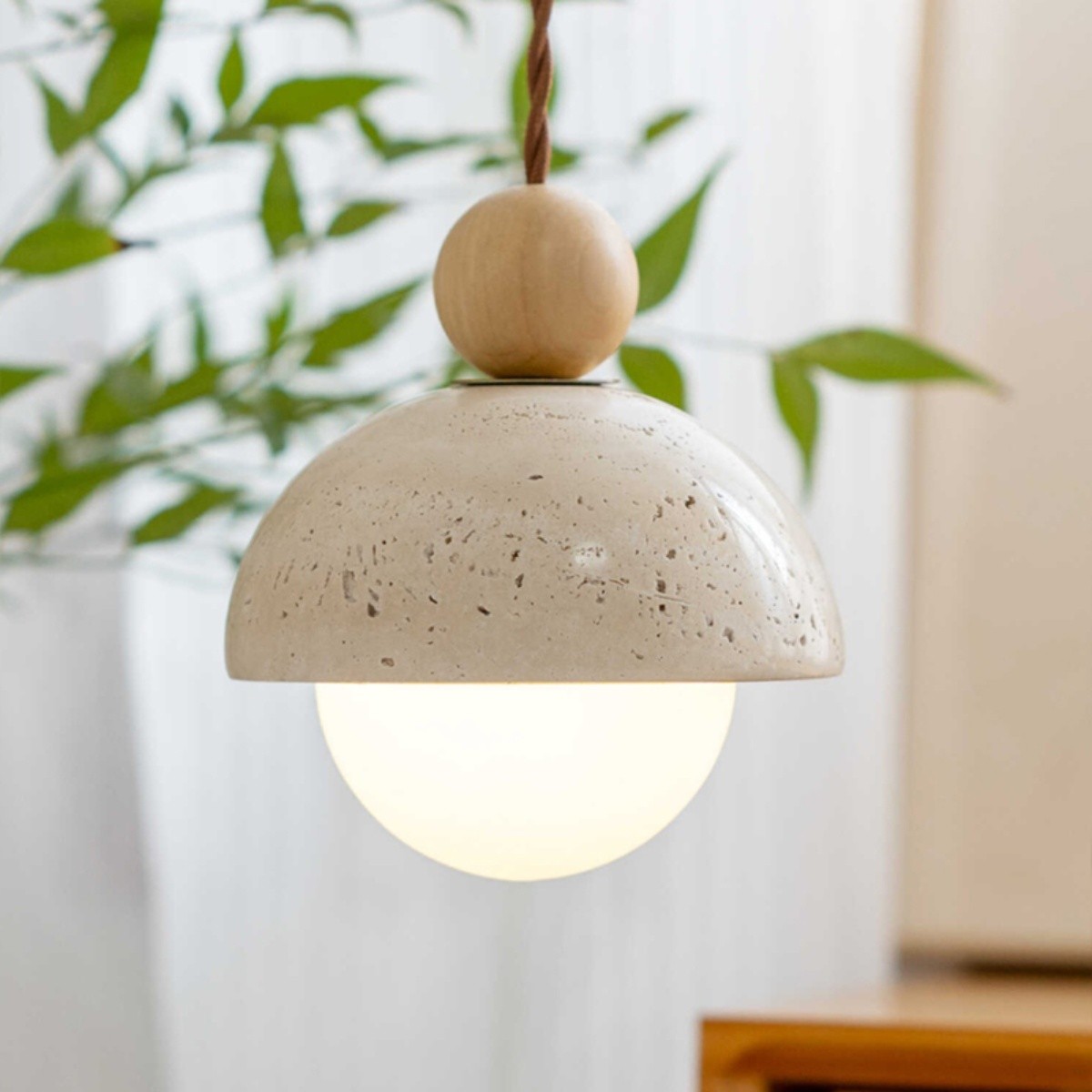Beige Stone Umbrella Pendant Lamp With Wooden Sphere Accent S270