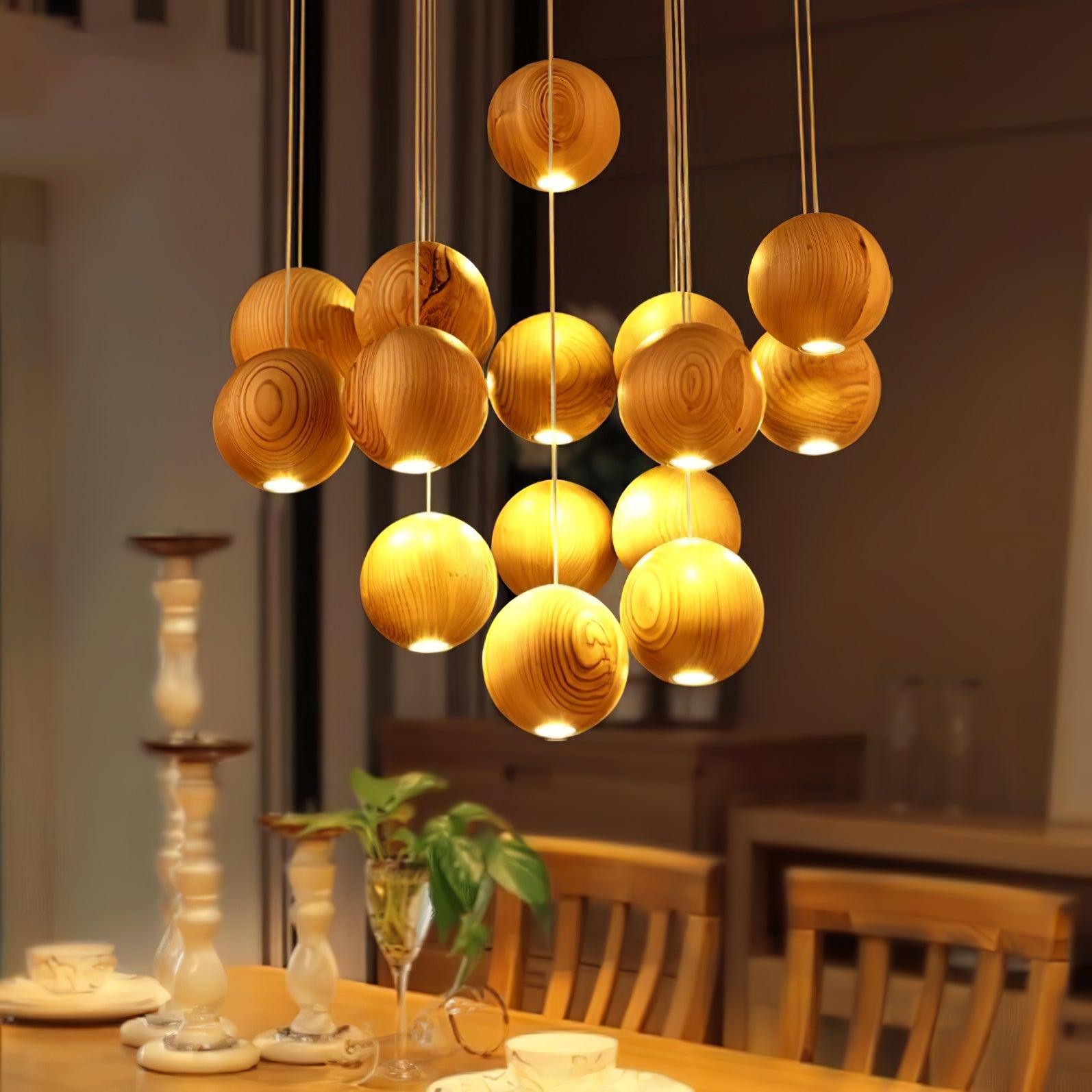 Wooden Orb Sphere Cluster Pendant Light G72