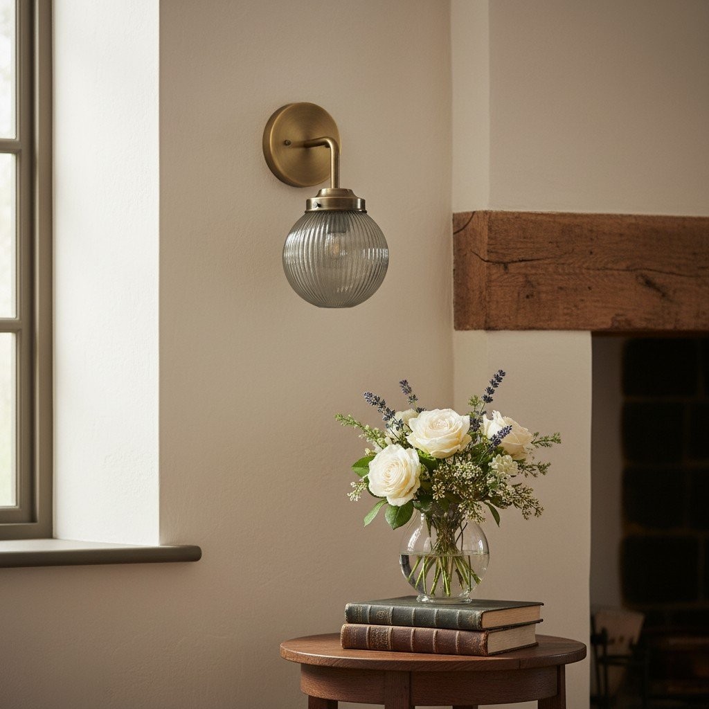 Glorica Glass Aged Brass Wall Sconce - Ribbed Glass Shade Industrial Style Lighting T410