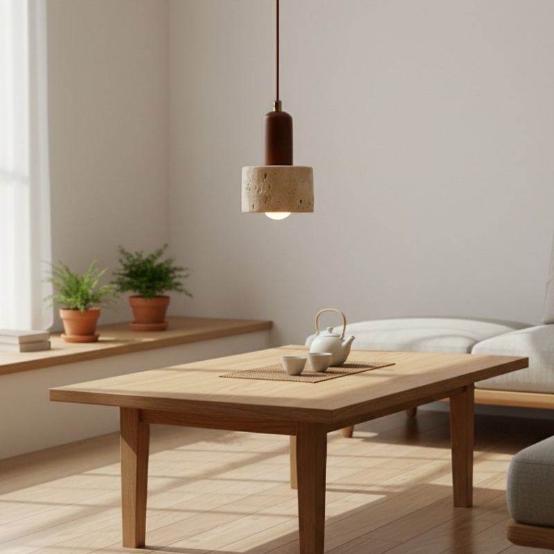 Rotating Travertine and Wood Pendant Light - Japandi Dining Room Glow T1100