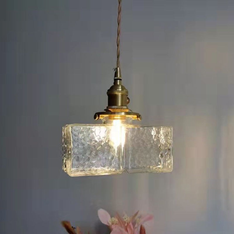 Traditional Vintage Square Rectangle Ripple Glass Iron 1-Light Pendant Light For Living Room T262