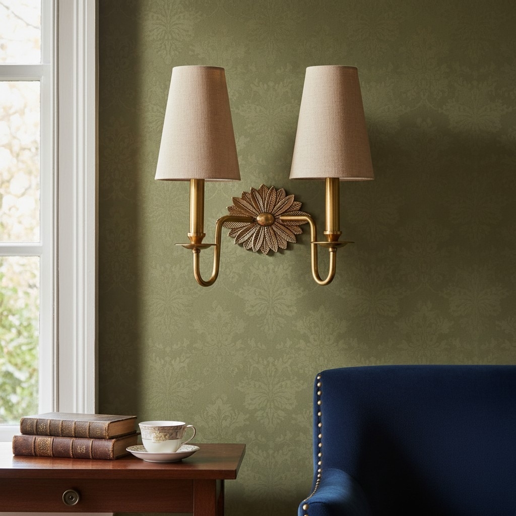 Duova Double Sconce - Antique Brass Metal and Linen Shades for Bedroom or Study T716