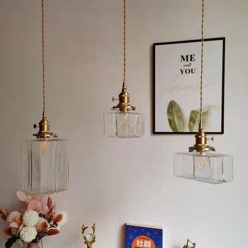 Traditional Vintage Square Rectangle Ripple Glass Iron 1-Light Pendant Light For Living Room T262