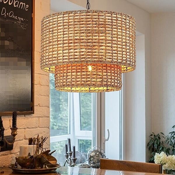 Natural Rattan Double Drum Pendant Light With Black Canopy G02