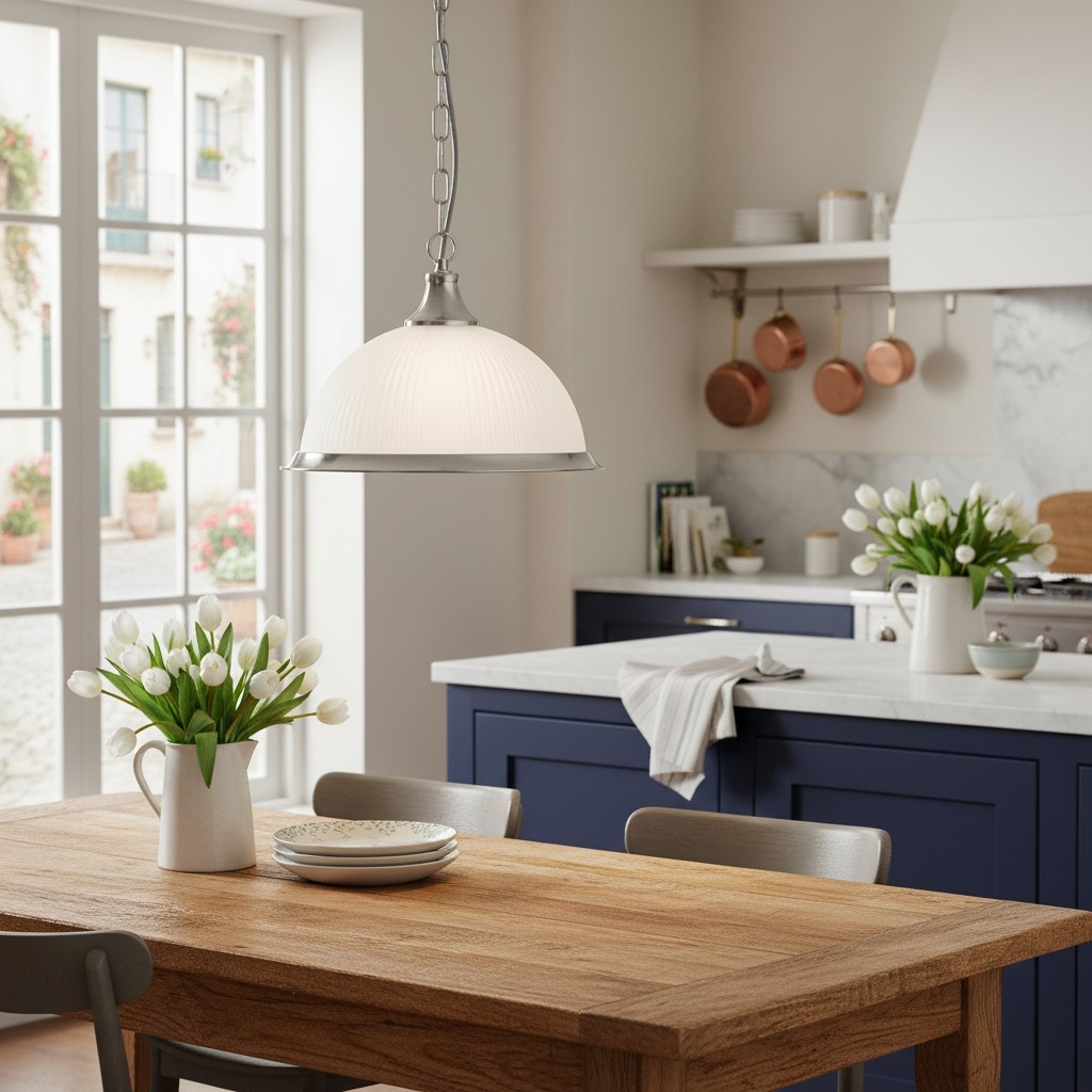 TF Vintora Ribbed Glass Pendant Light - Elegant Metal Trim for Kitchens, Dining Areas and Hallways T1022
