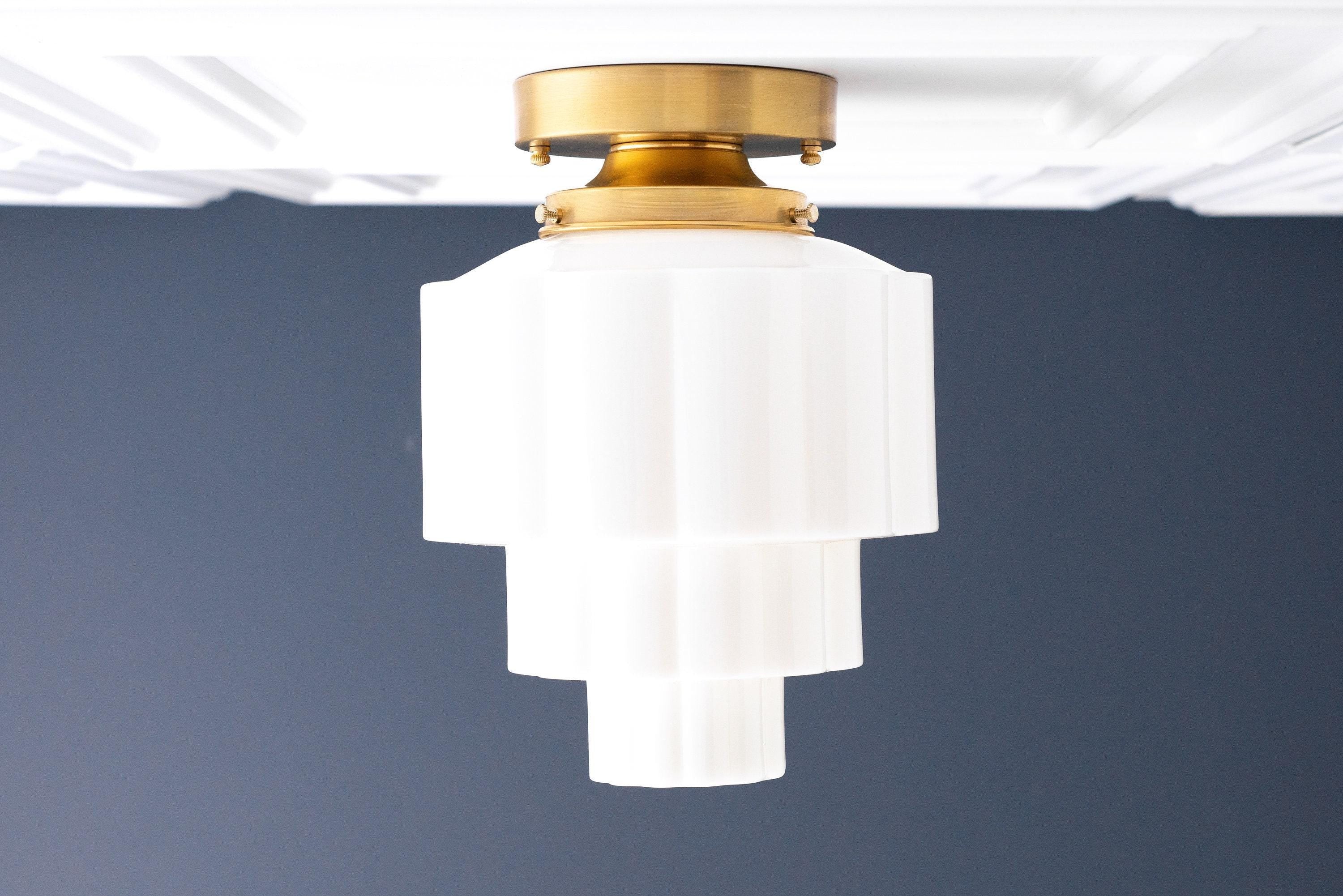 Geotower Glass Brass Ceiling Light – Art Deco Ribbed Globe Flush Mount T364