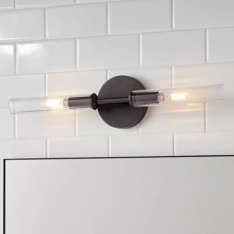 Alice Rustic Transparent Cooper Ribbed Glass Double Tube Sconce T011