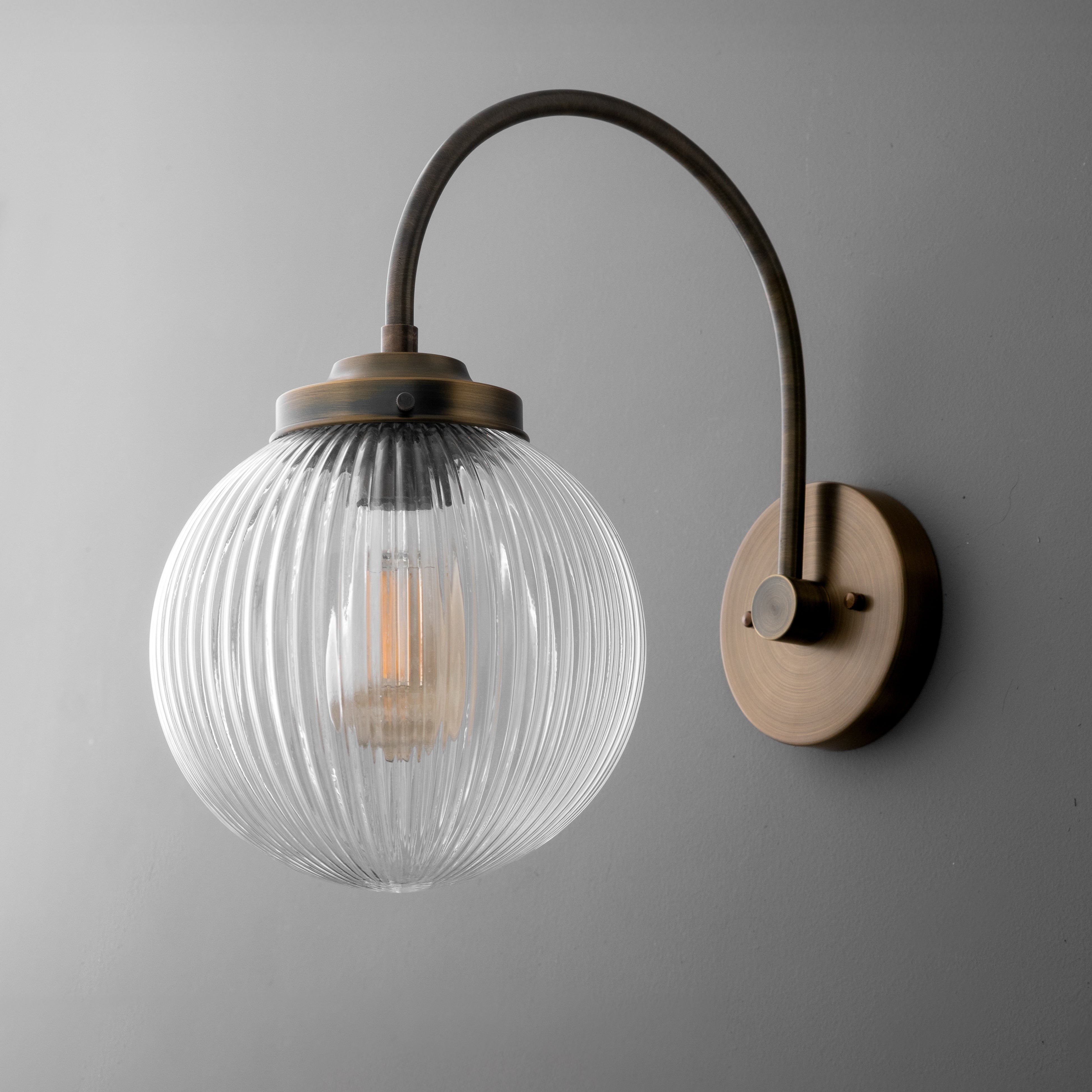 Glorica Glass Aged Brass Wall Sconce - Ribbed Glass Shade Industrial Style Lighting T410