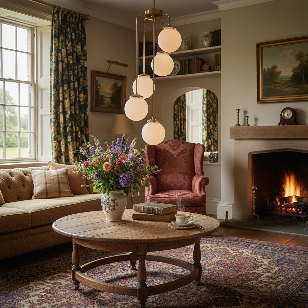 Glorica Glass 5 Globe Chandelier - Brass and Opal Glass Vintage Pendant Light T319