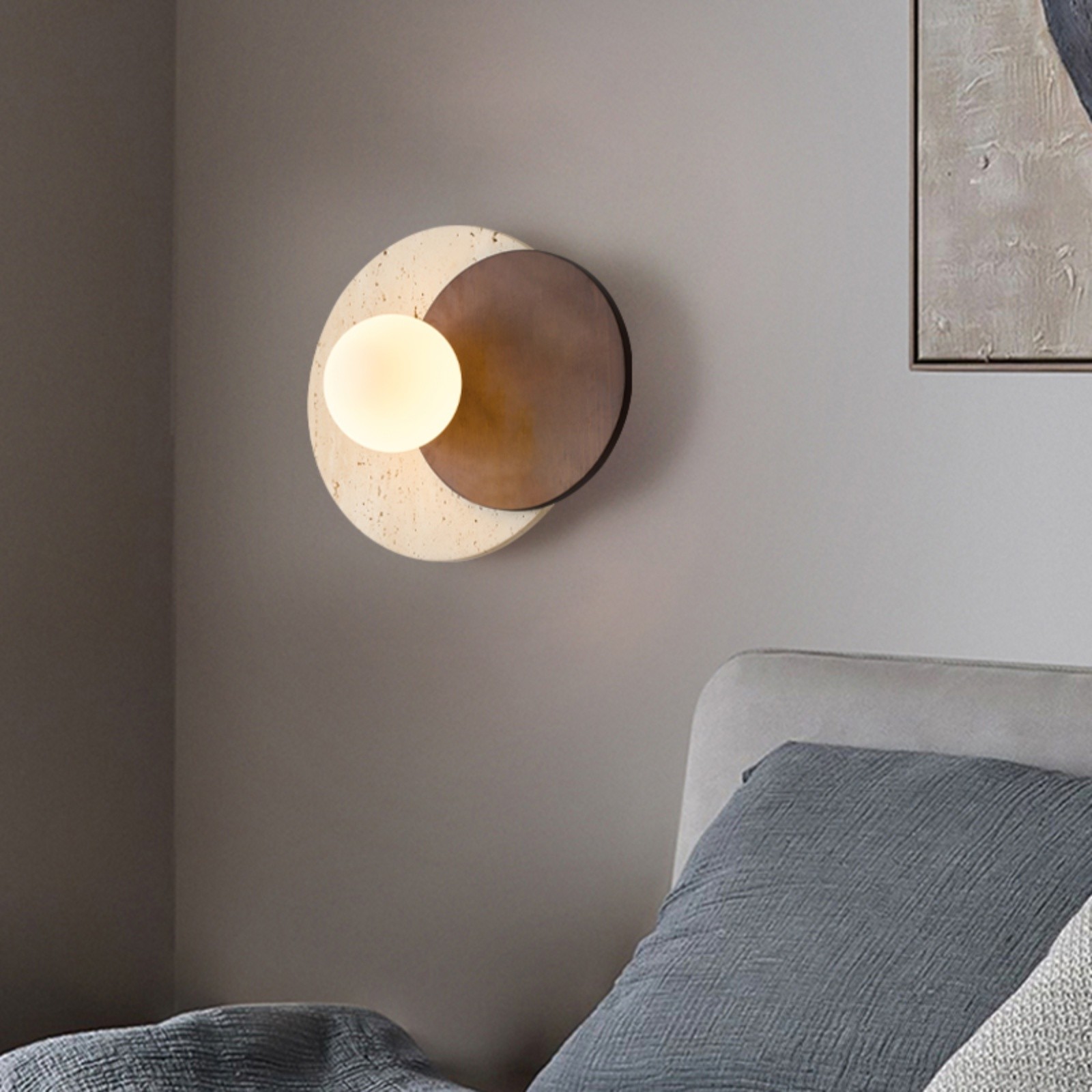 Contemporary Disc Travertine And Wood Dual Tone Wall Sconce S322