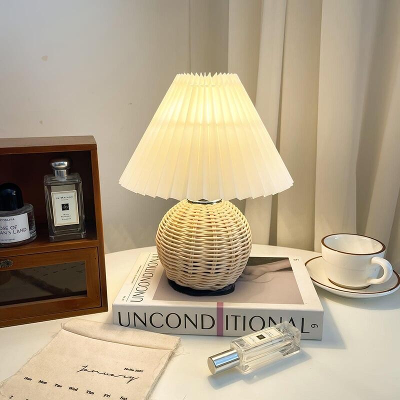 Rattan Pleated Table Lamp Cordless Bedside Lamp