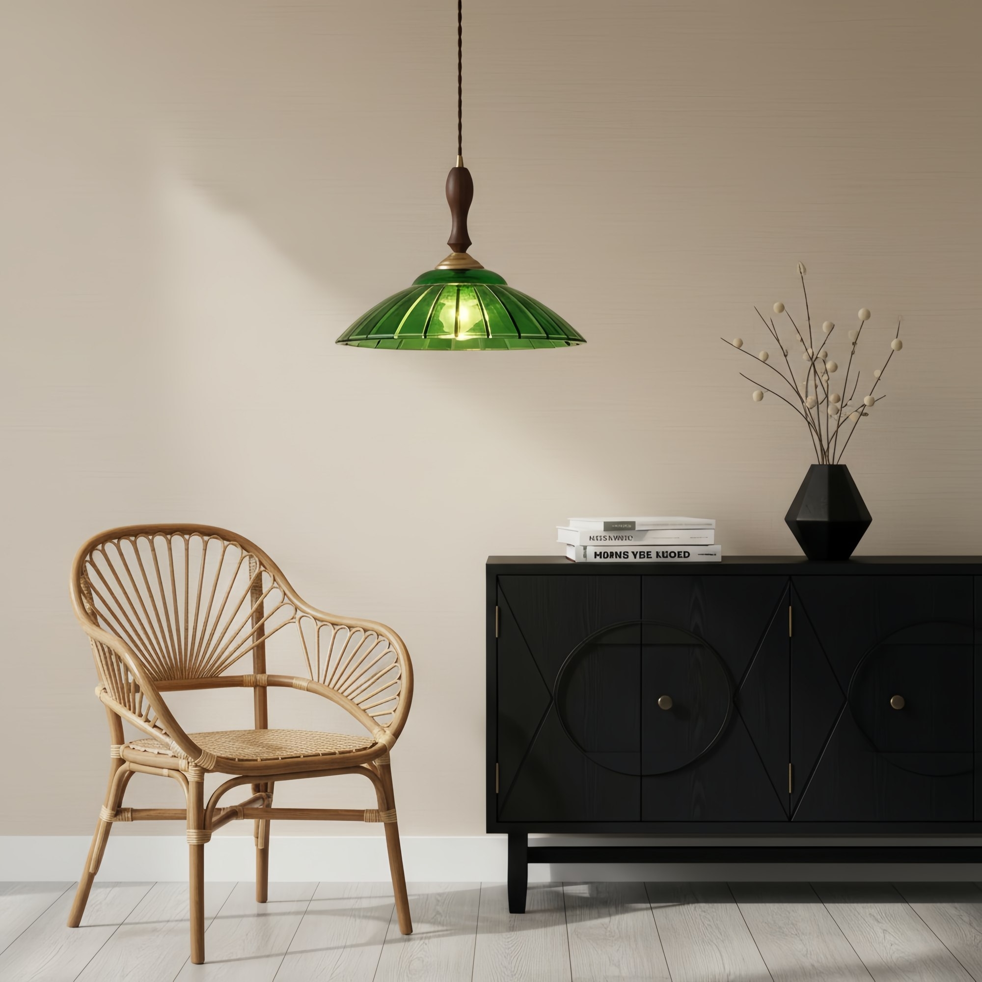 Elunaris Vintage Trumpet Shape Pendant Light with Green Glass Shade for Dining Room T1114
