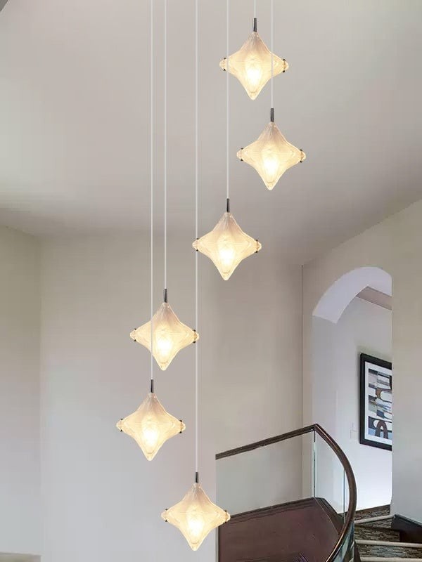 Art Deco Star Staircase Pendant Light - Frosted Glass Hanging Fixture - Astris Altair T437
