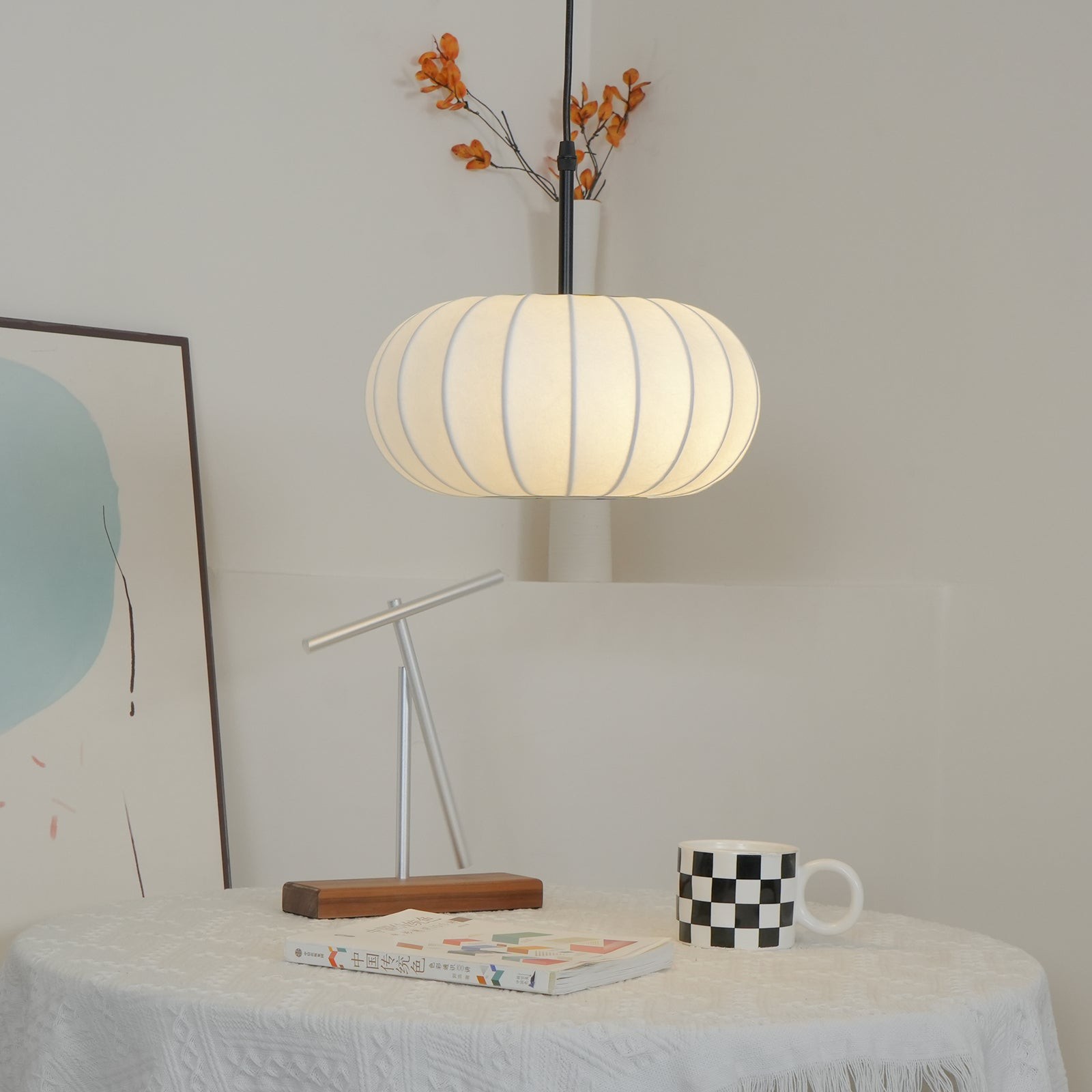 Simple Wabi-sabi White Lantern Fabric Pendant Lamp M06