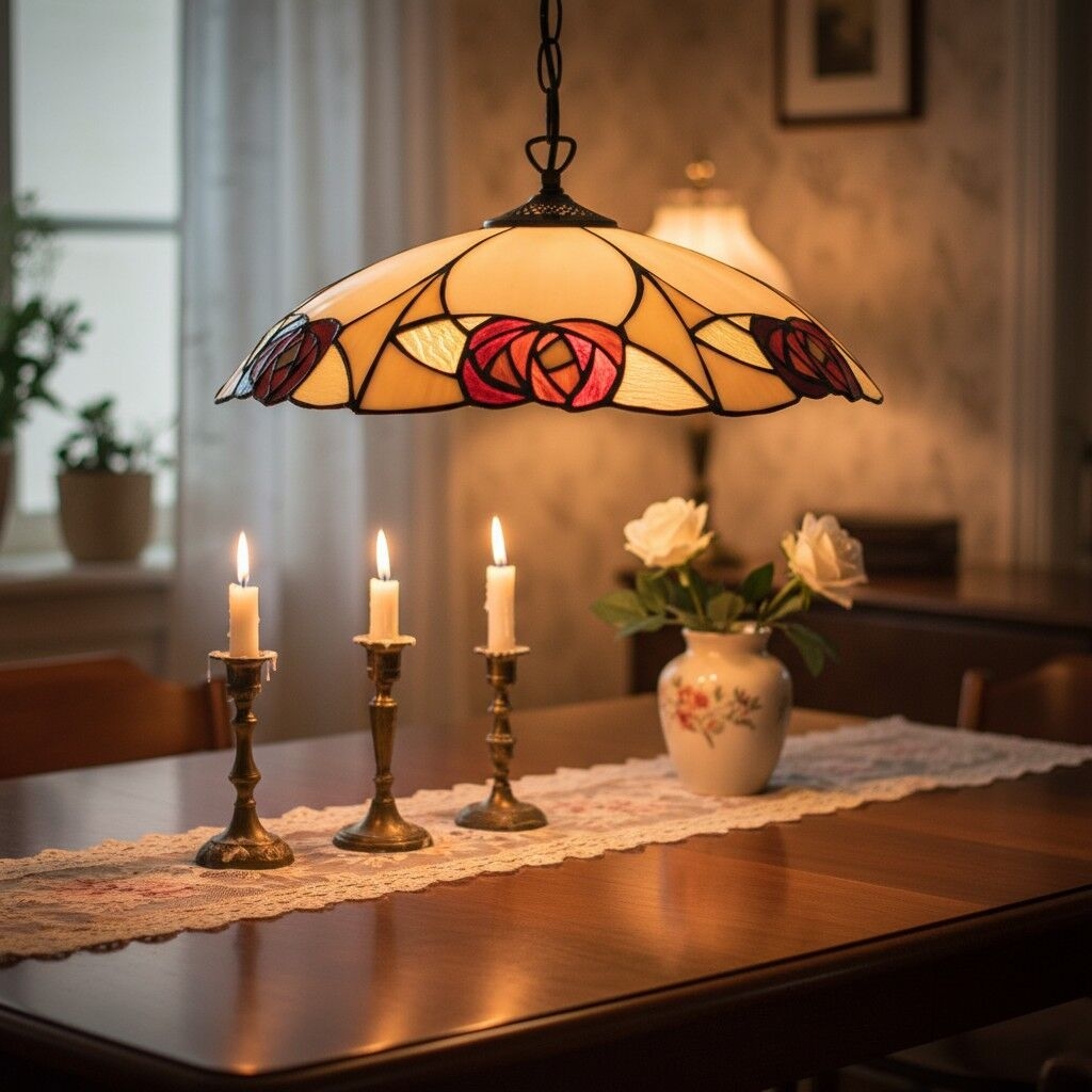 TF Ingram Tiffany Pendant Light - Vintage Handcrafted Stained Glass Floral Shade for Dining Room T1030