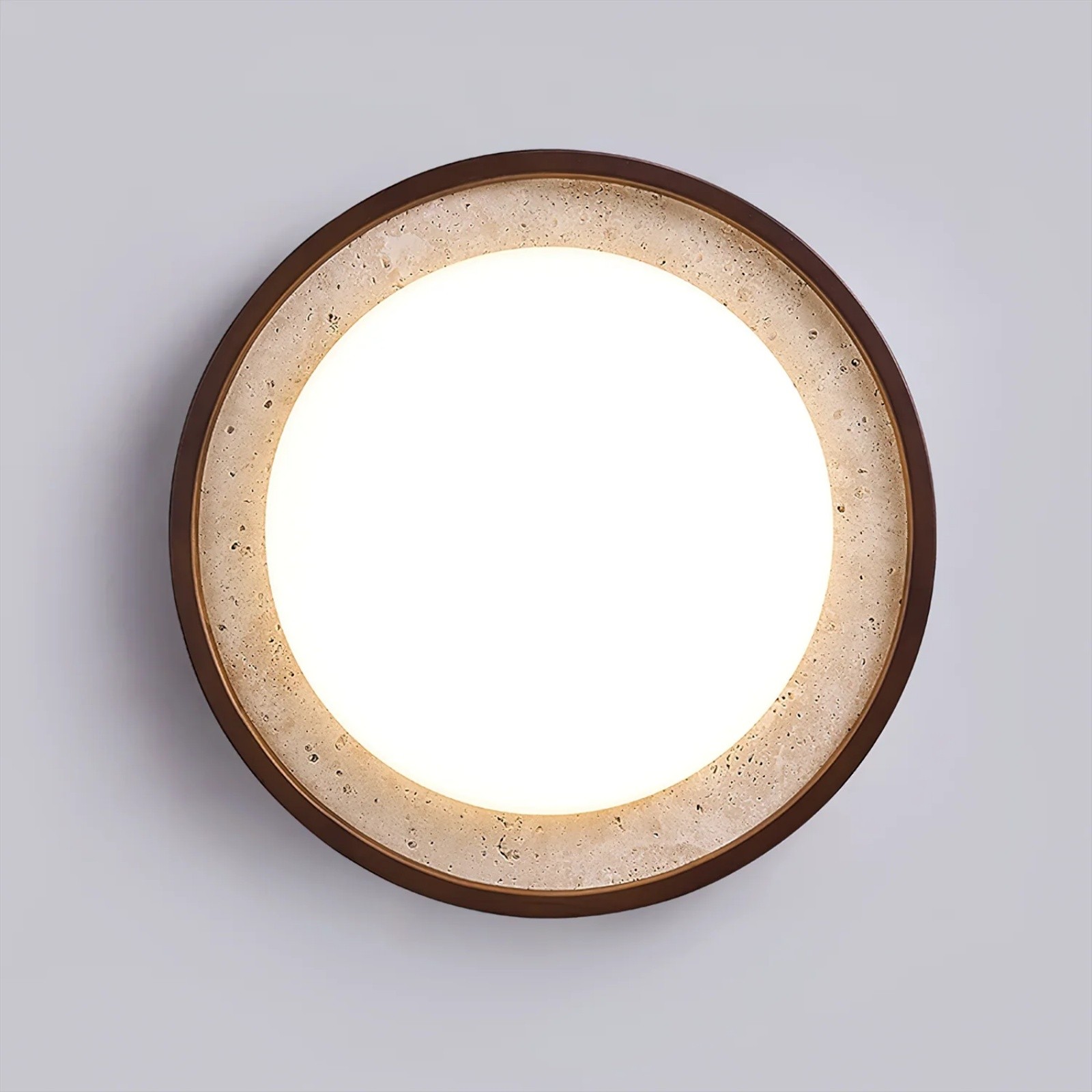 Modern Travertine Disk Flush Ceiling Light With Wood Trim S303