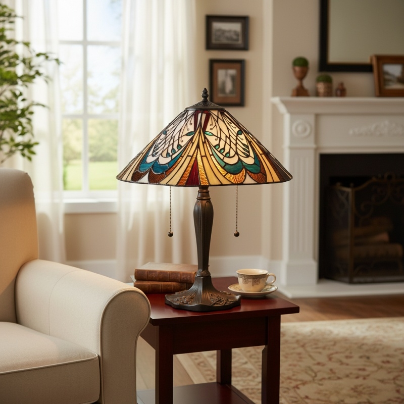 TF Hector Art Nouveau Table Lamp - Stained Glass Shade Decorative Lighting for Living Room or Bedroom T1045