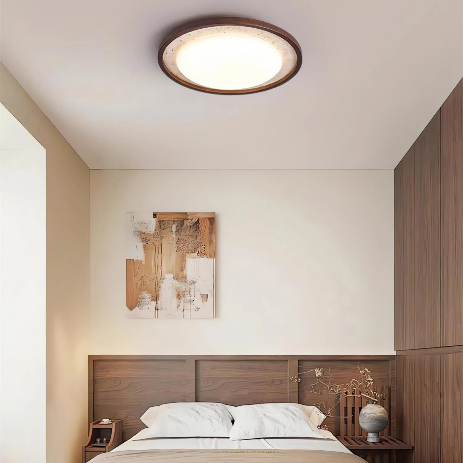 Modern Travertine Disk Flush Ceiling Light With Wood Trim S303