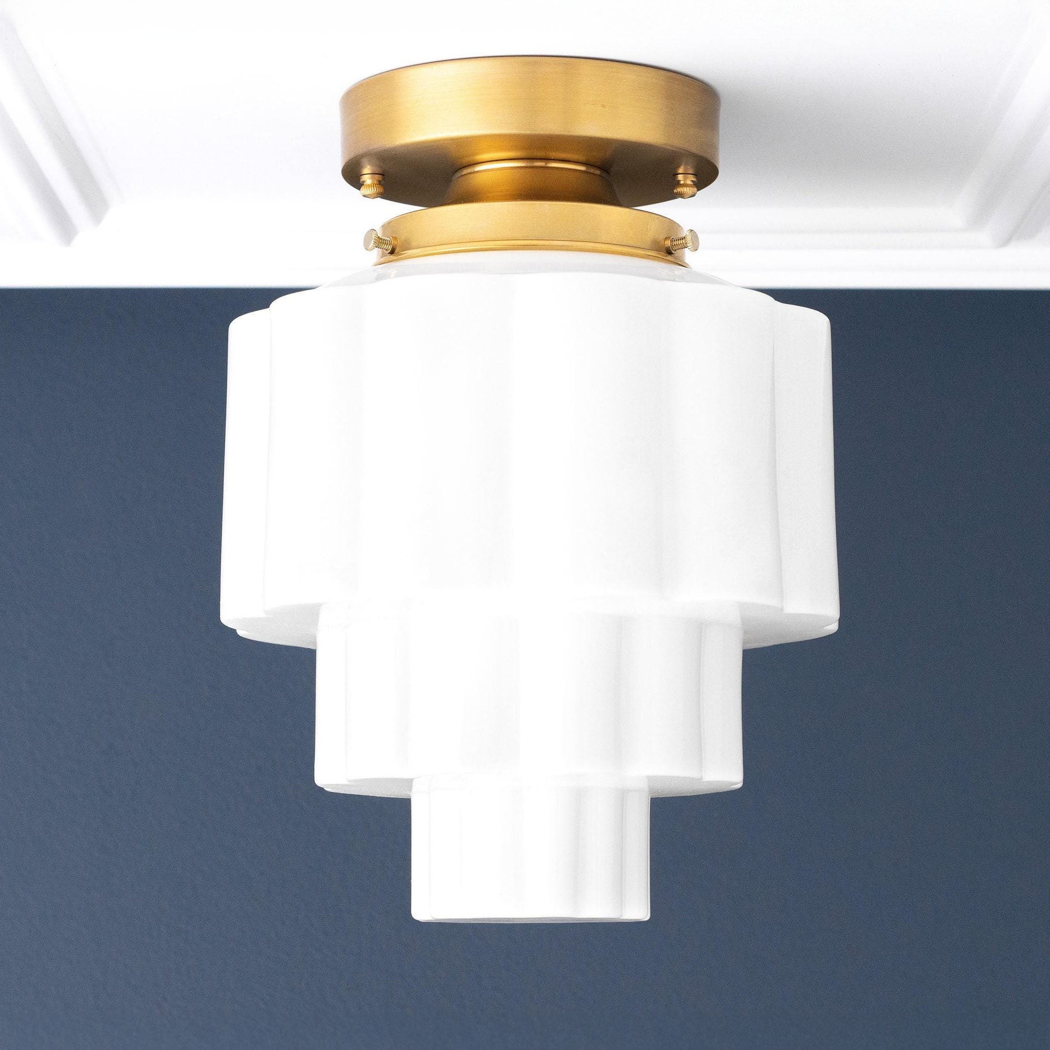 Geotower Glass Brass Ceiling Light – Art Deco Ribbed Globe Flush Mount T364