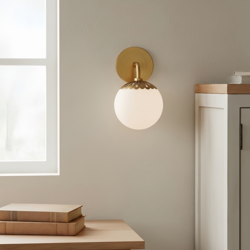 Vinbrea Glass Globe Wall Lamp - Minimal Curved Arm Light for Living Room T1209
