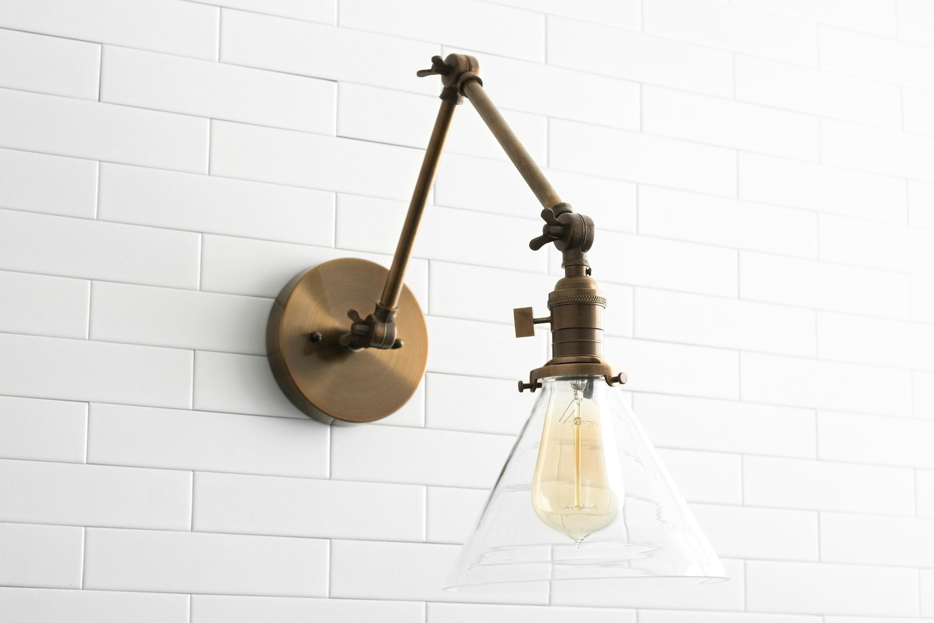 Conique Metal Industrial Wall Sconce with Adjustable Arm - Vintage Glass Cone Shade T311