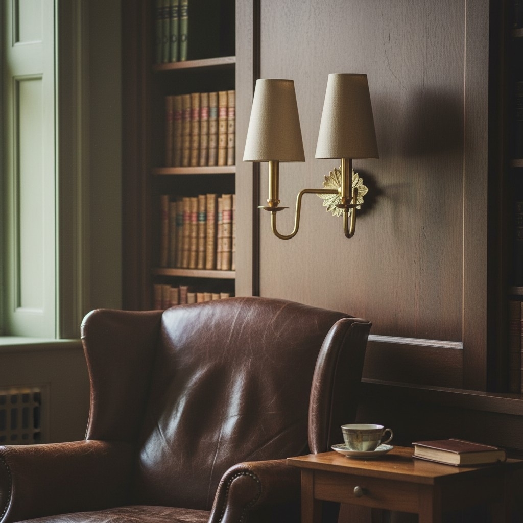 Duova Double Sconce - Antique Brass Metal and Linen Shades for Bedroom or Study T716
