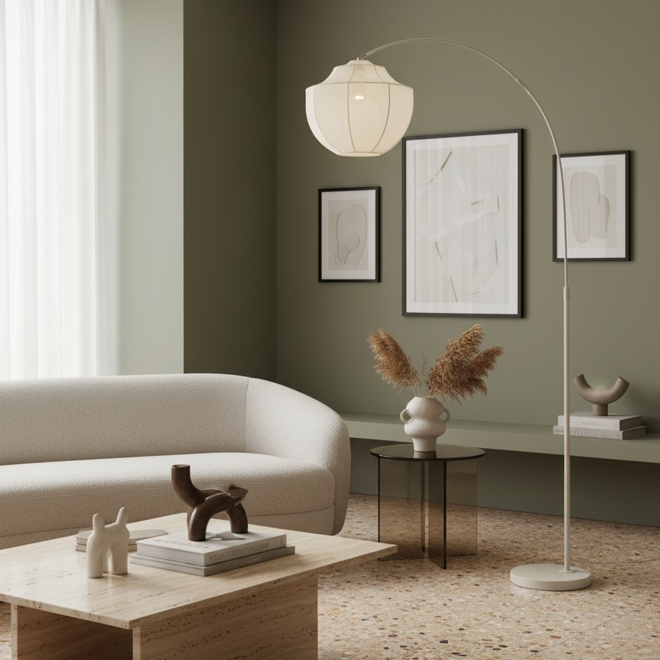 Lumifil Arc Floor Lamp Textile Mesh Shade - Metal Stand for Soft Ambient Living Room Lighting T789