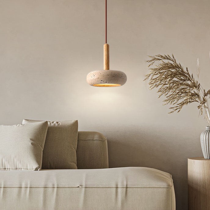 Traditional Japanese Round Wood Travertine Pendant Light G68