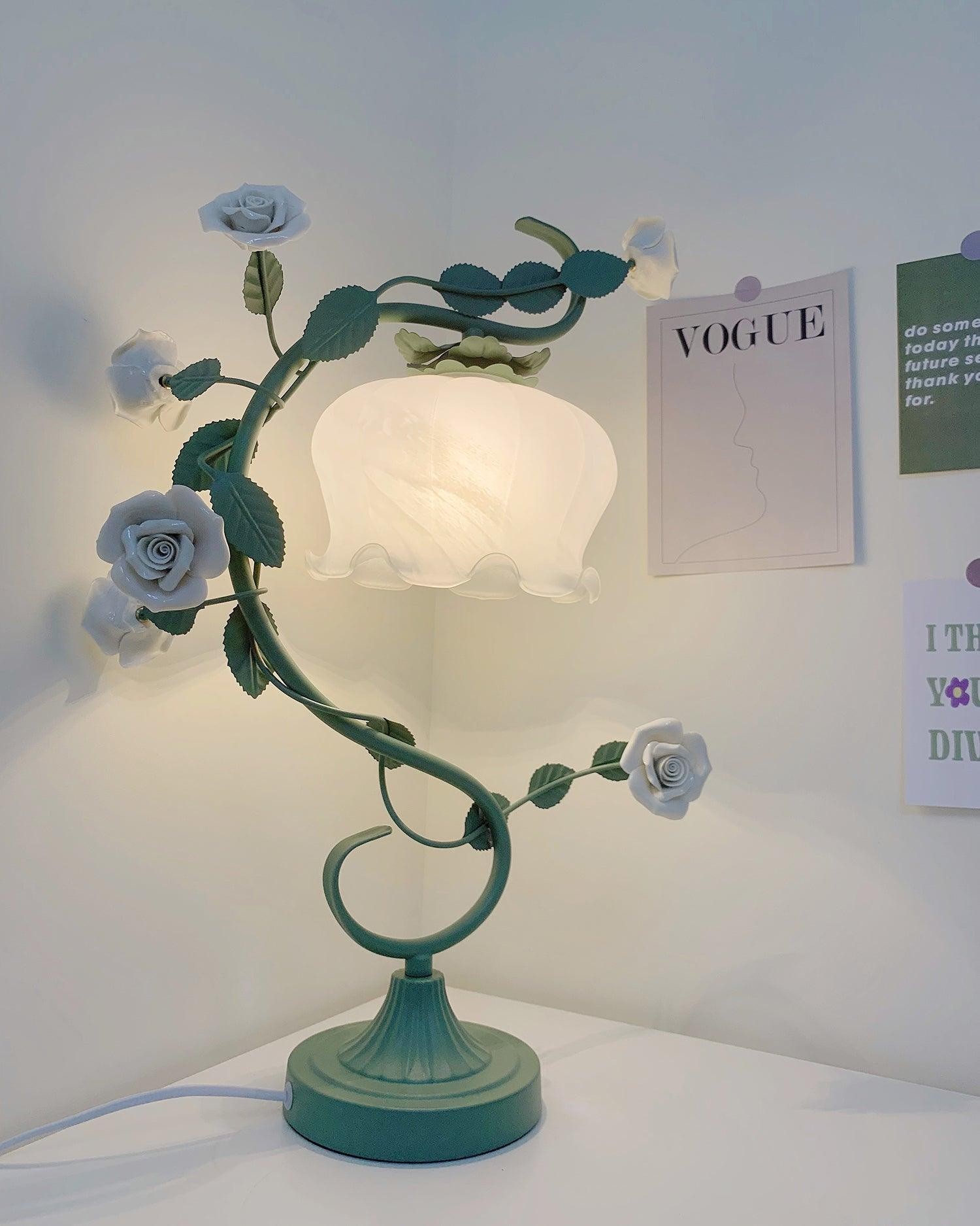 Green Pink White Rose Flower Table Lamp M107