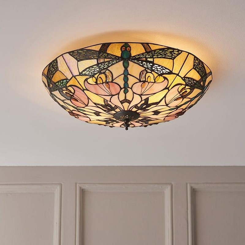 TF Ashton Tiffany Dragonfly Motif Tiffany Glass Flush Surface Mount - Transitional Style for Bedrooms and Lounge Spaces T1055