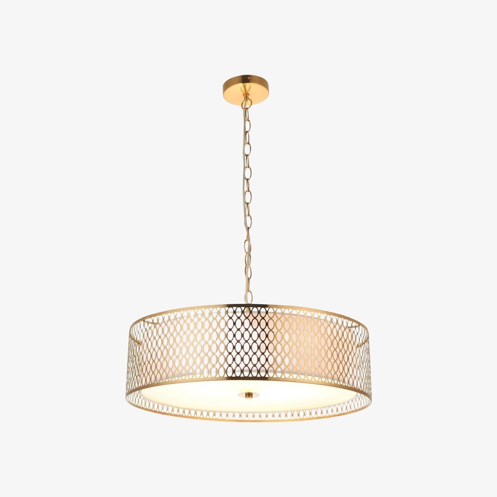 Liorin Geometric Pendant Lamp - Modern Fretwork Metal and Fabric Shade Pendant for Interiors T906