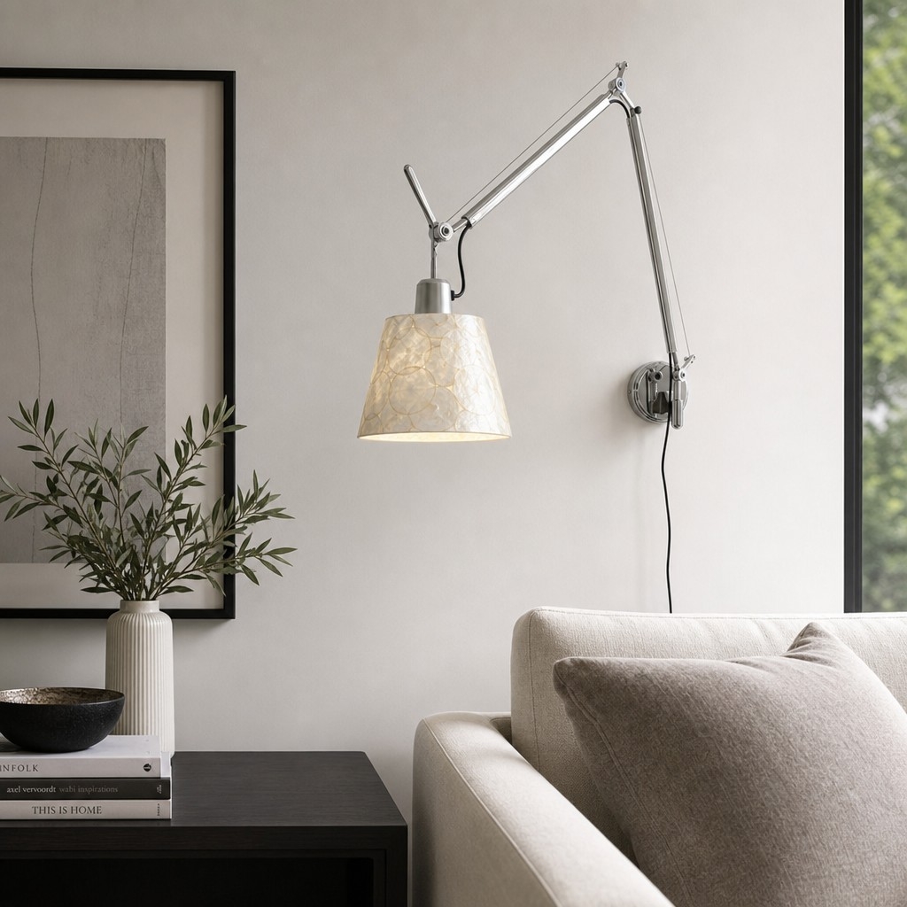 Lunavera Modern Capiz Shell or Fabric Shade Adjustable Arm Wall Lamp for Bedroom T2212