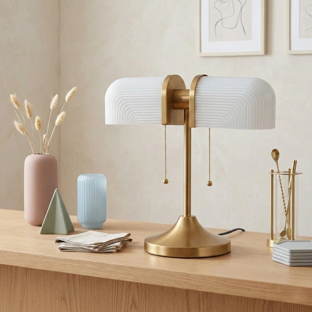 Aurebron Fluted Glass Table Lamp - Modern Decorative Metal Base Table Lamp for Living Room T1148