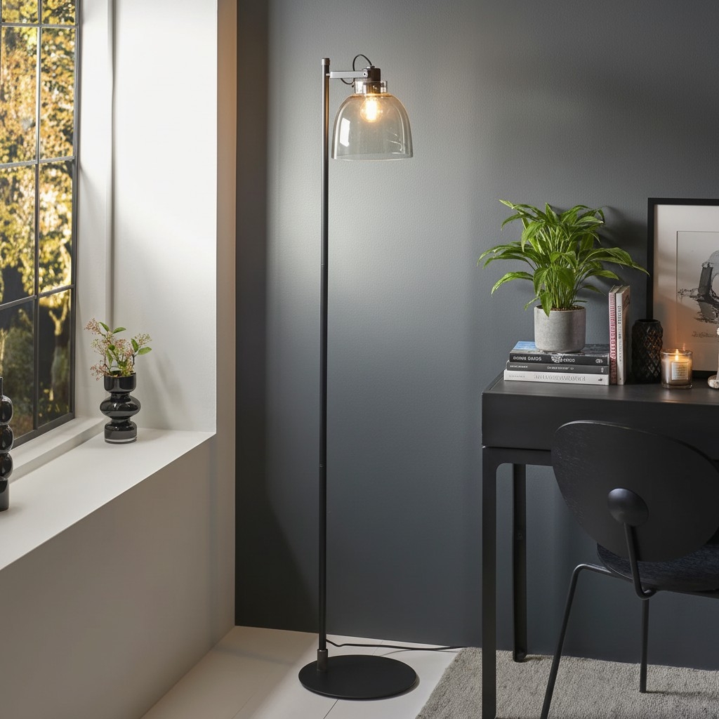 Readium Industrial Floor Lamp - Adjustable Glass Head Metal Base for Living Room and Bedroom T869