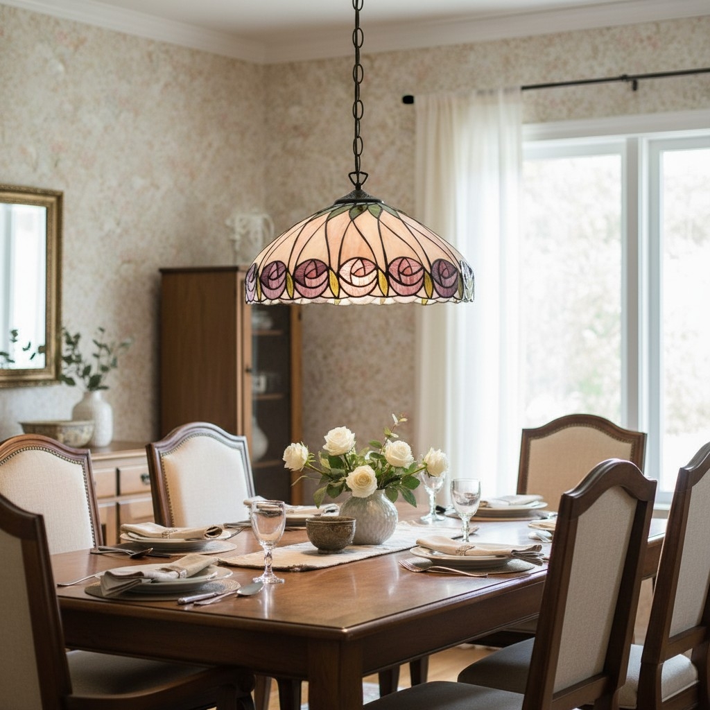 TF Hutchinson Tiffany Glass Pendant Light with Artistic Mosaic Design for Dining and Living Spaces T956