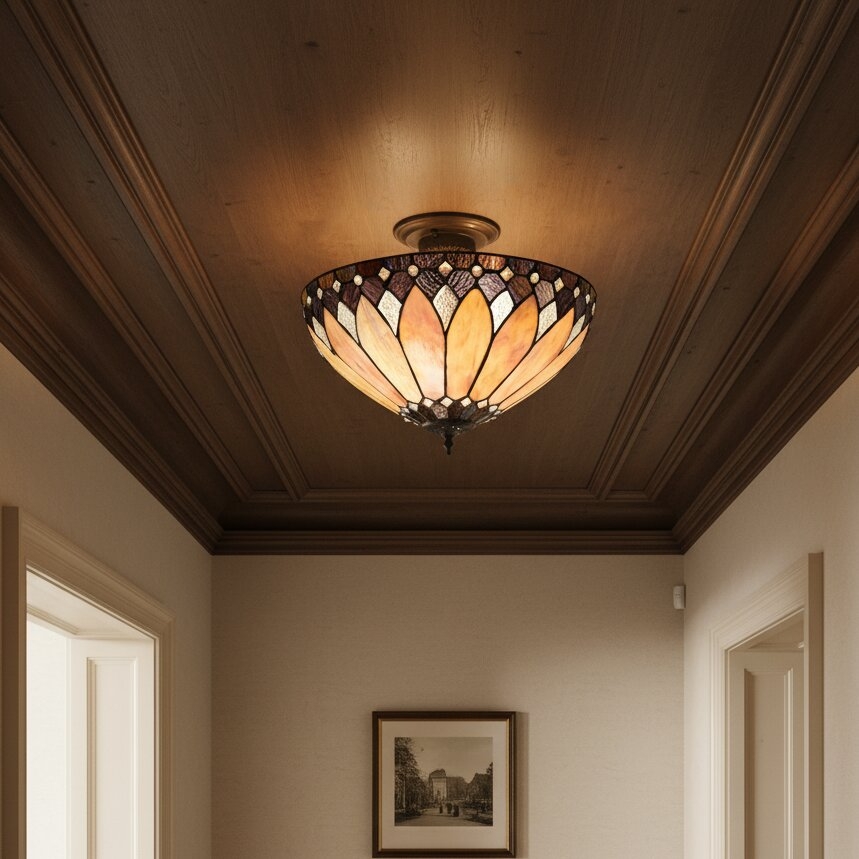 TF Brooklyn Tiffany Semi-flush Ceiling Light - Geometric Glass Shade for Hallways or Living Rooms T1042