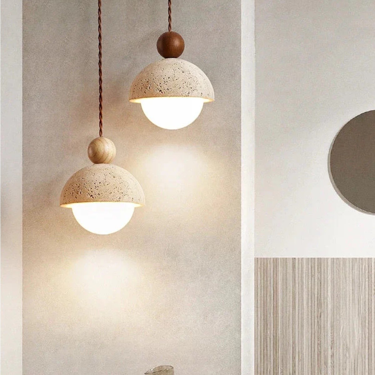 Beige Stone Umbrella Pendant Lamp With Wooden Sphere Accent S270