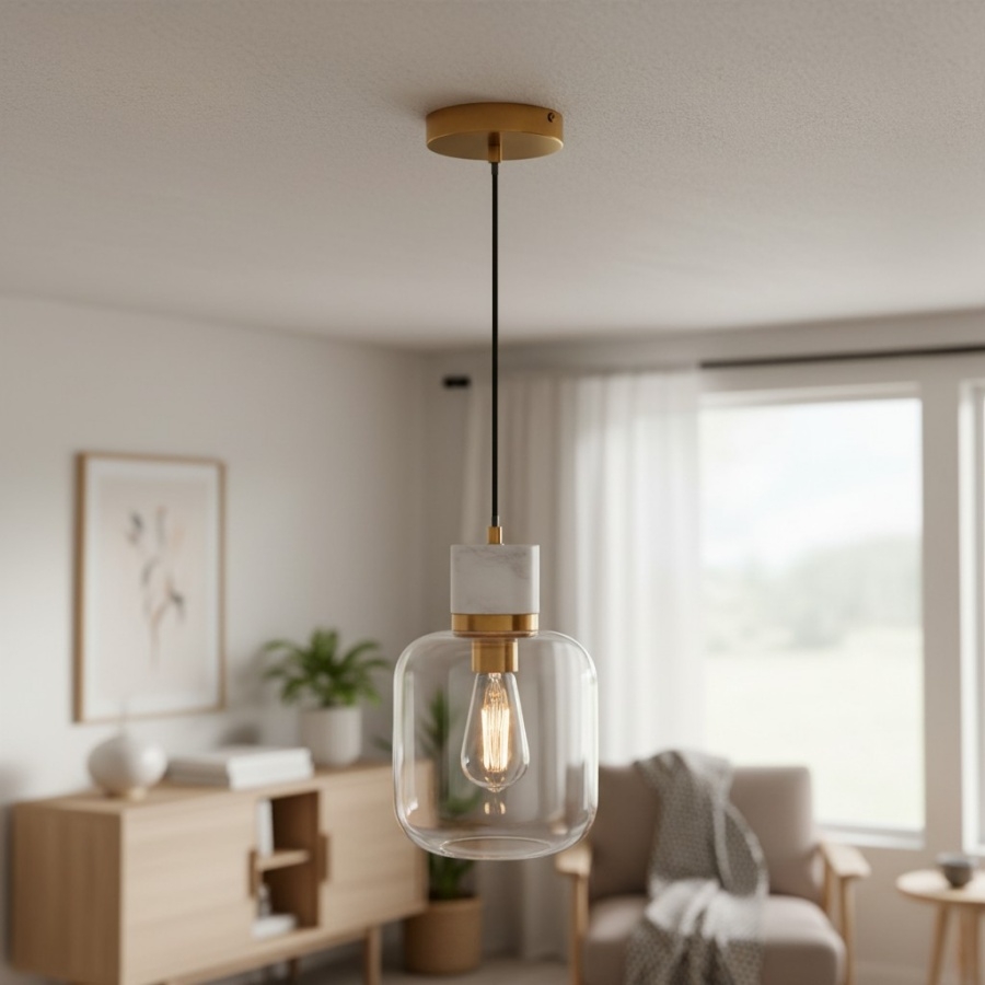 Korlisse Natural Stone and Glass Pendant Light - Stylish Lamp for Lounge or Living Room T929