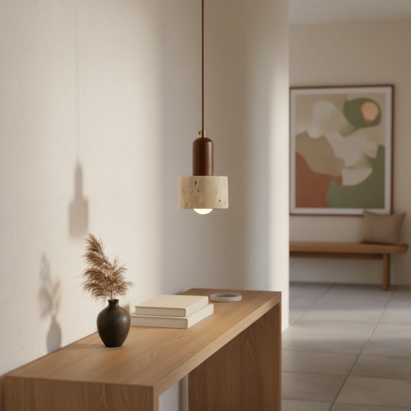 Rotating Travertine and Wood Pendant Light - Japandi Dining Room Glow T1100