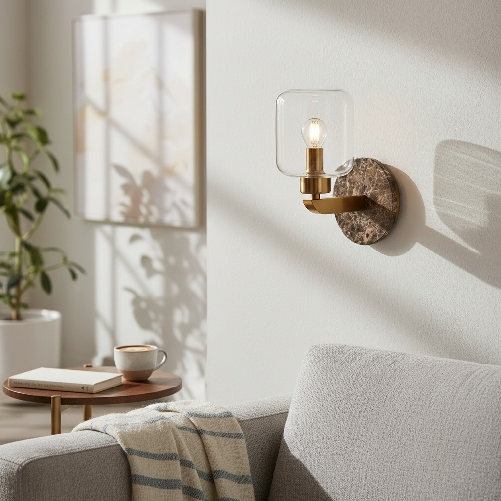Korlisse Modern Marble Wall Light - Vintage Brass & Clear Glass Accent for Living Room and Hallway T950