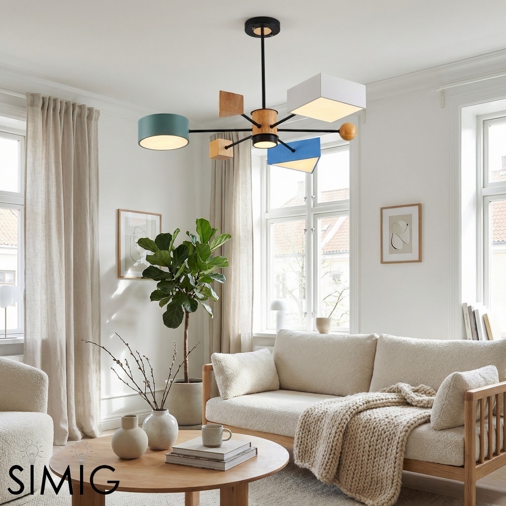 Modern Wood Block Chandelier - 4-Light Branch Style for Kids Room or Nursery S385