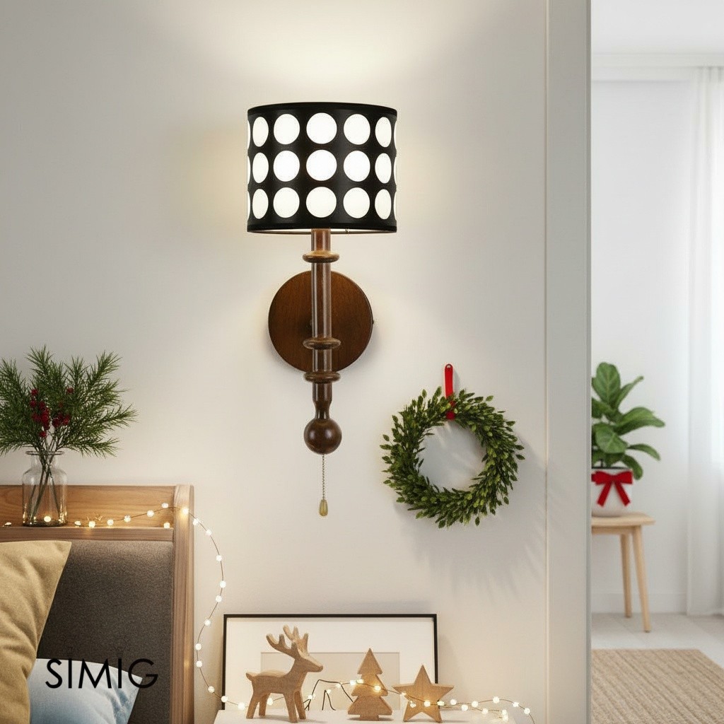 French White Polka Dot Fabric Cylinder Shade Wall Sconce S366