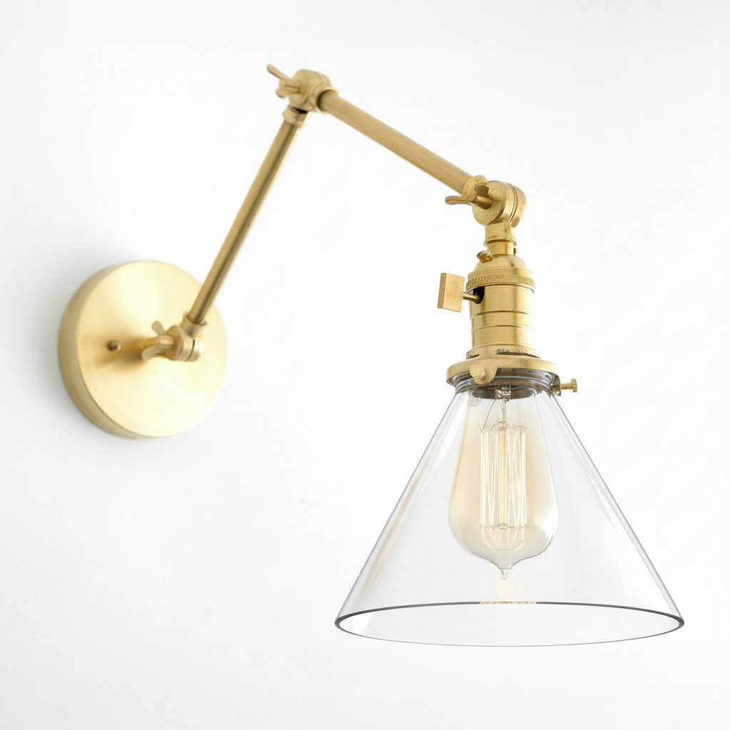 Conique Metal Industrial Wall Sconce with Adjustable Arm - Vintage Glass Cone Shade T311