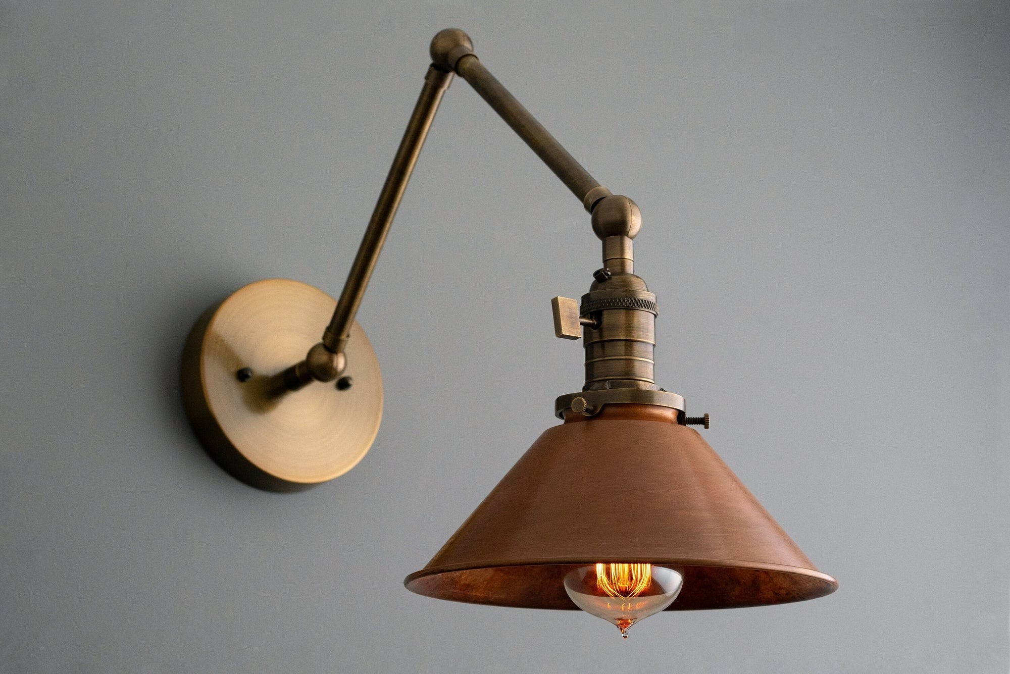 Conique Metal Industrial Wall Sconce with Adjustable Arm - Vintage Copper Cone Shade for Task Lighting T390