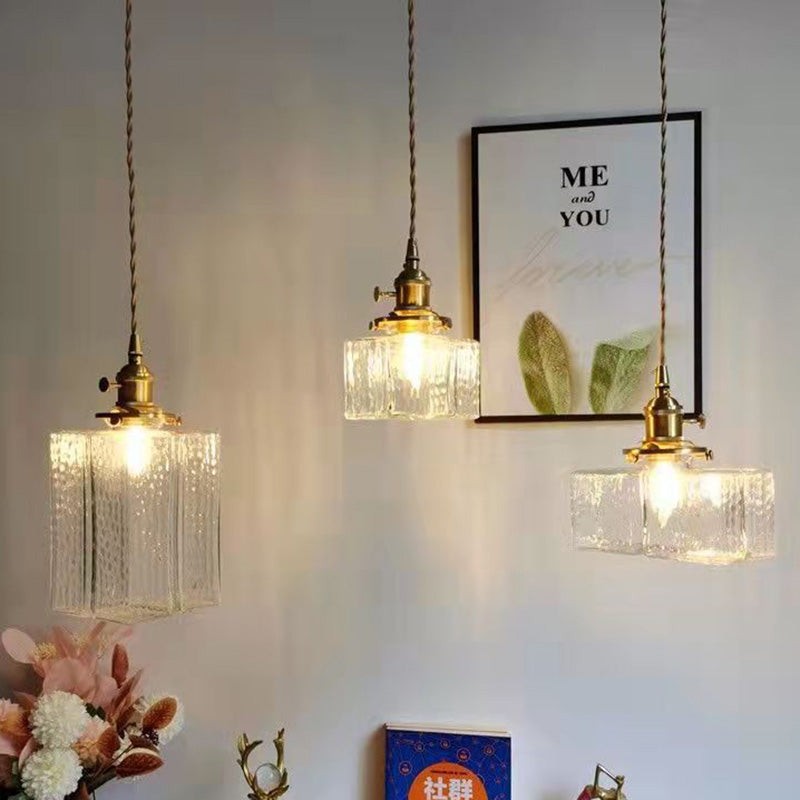 Traditional Vintage Square Rectangle Ripple Glass Iron 1-Light Pendant Light For Living Room T262
